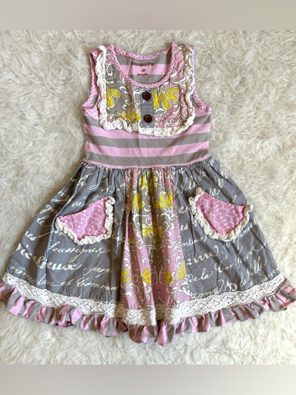 Mustard Pie Feminine Pink, Gray & Yellow Floral & Striped Dress